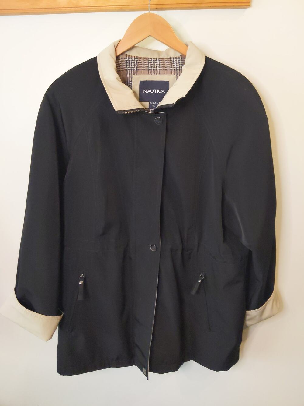 NAUTICA Women's Navy Cream Trench Coat Large Plaid Lining Classic Preppy Style